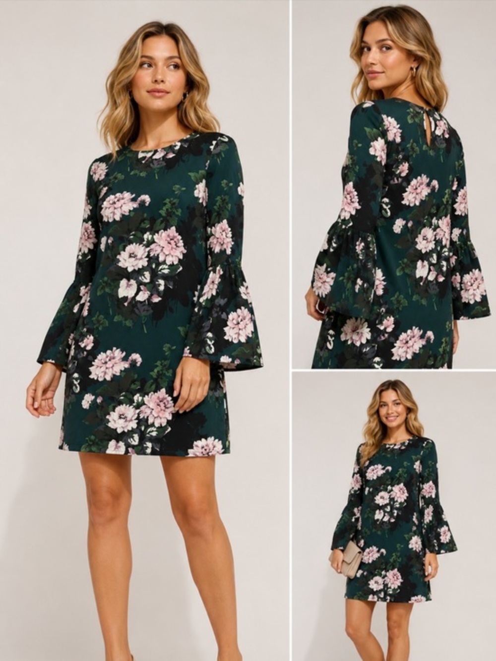 Club Monaco Floral Bell Sleeve Shift Dress Dark Green Pink Size 2